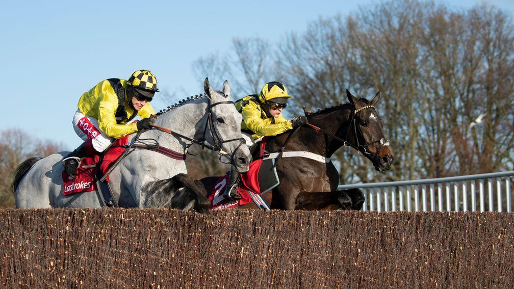 Shishkin (Nico de Boinville,right) jumps the final open ditch with Gumball in the Wayward Lad Novices' ChaseKempton 27.12.20 Pic: Edward Whitaker/Racing Post