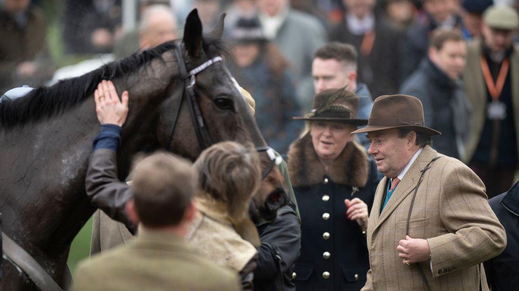 Nicky Henderson greets Santini following his victory at Cheltenham