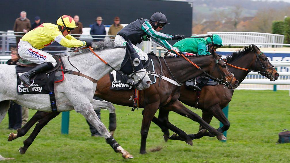 Glory day: Altior (centre) beats Politologue (left) and Sceau Royal to land his second Champion Chase