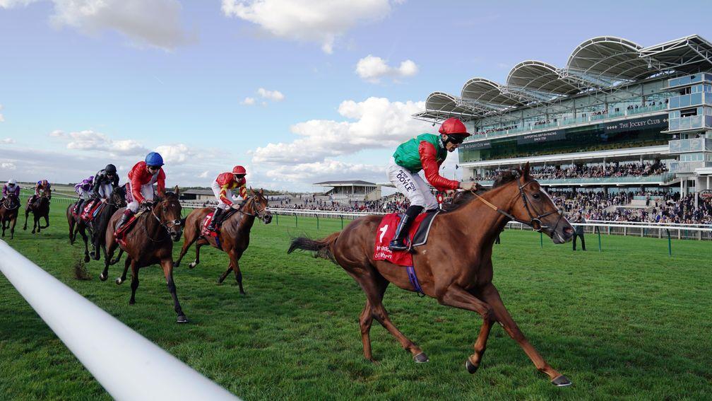 Billesdon Brook ridden by Sean Levey wins the Kingdom Of Bahrain Sun Chariot Stakes at Newmarket Racecourse.