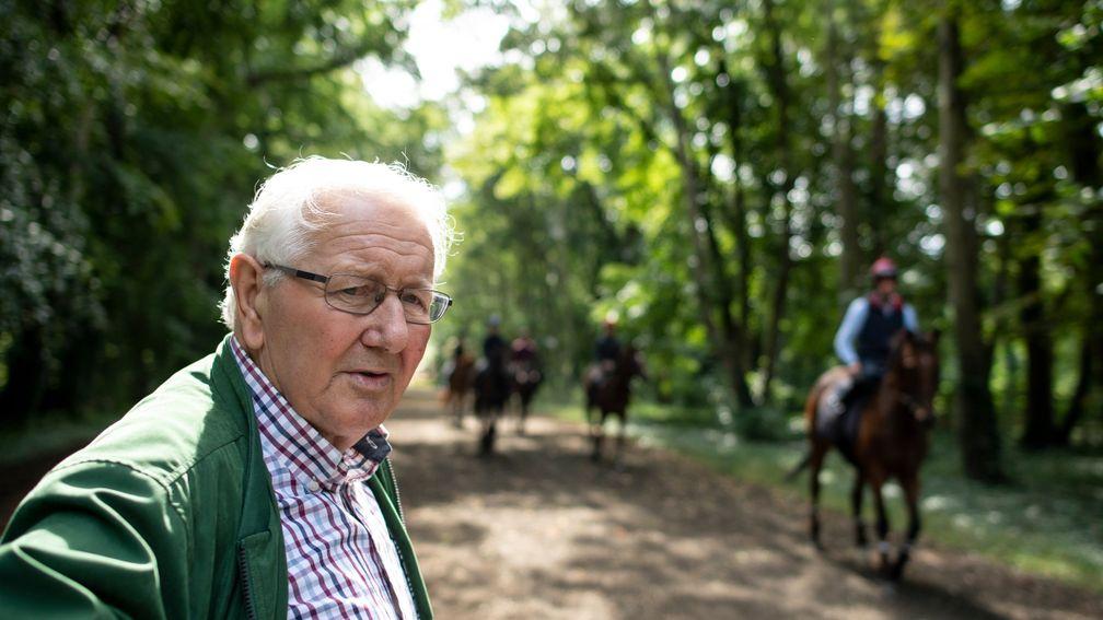 David Elsworth with his string at Egerton House Stables in Newmarket 5.8.19Pic: Edward Whitaker