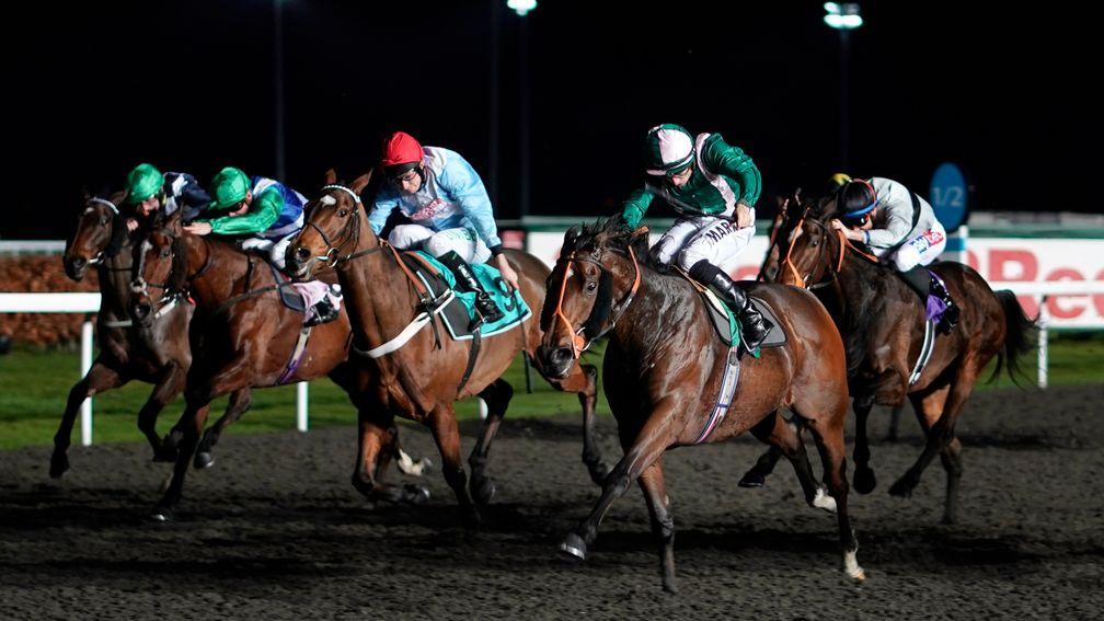 SUNBURY, ENGLAND - DECEMBER 05: Tom Marquand riding Spark Plug (green) win The 32Red Wild Flower Stakes at Kempton Park Racecourse on December 05, 2018 in Sunbury, England. (Photo by Alan Crowhurst/Getty Images)