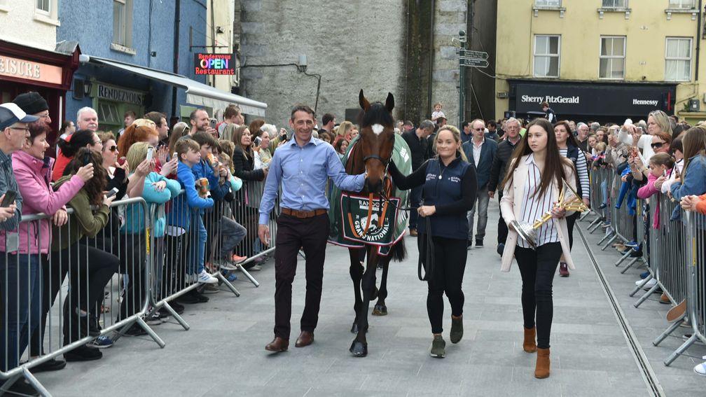 Davy Russell: parading Tiger Roll through his home town of Youghal after their 2019 victory in the Aintree Grand National