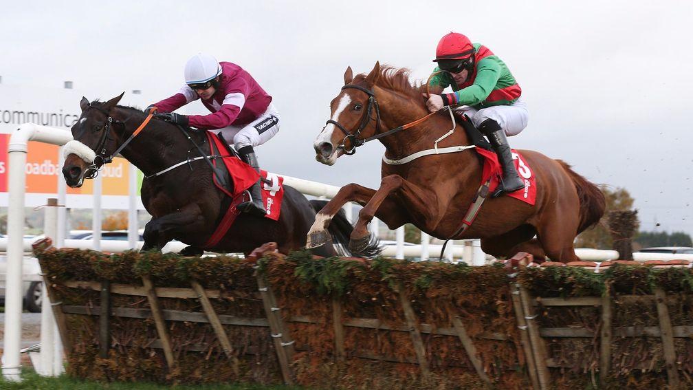 Rashaan (nearside) jumps the last on his way to beating Apple's Jade in the WKD Hurdle at Down Royal