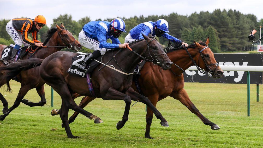 LORD NORTH and Rab Havlin (far Side) win the Brigadier Gerard Stakes from Elarqam at Haydock Park 7/6/20Photograph by Grossick Racing Photography 0771 046 1723