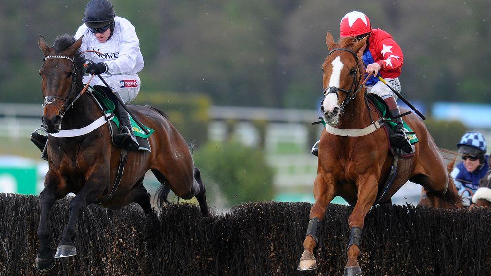 Sire De Grugy and Finian's Rainbow are in the air together over the last in the 2013 Celebration Chase at Sandown