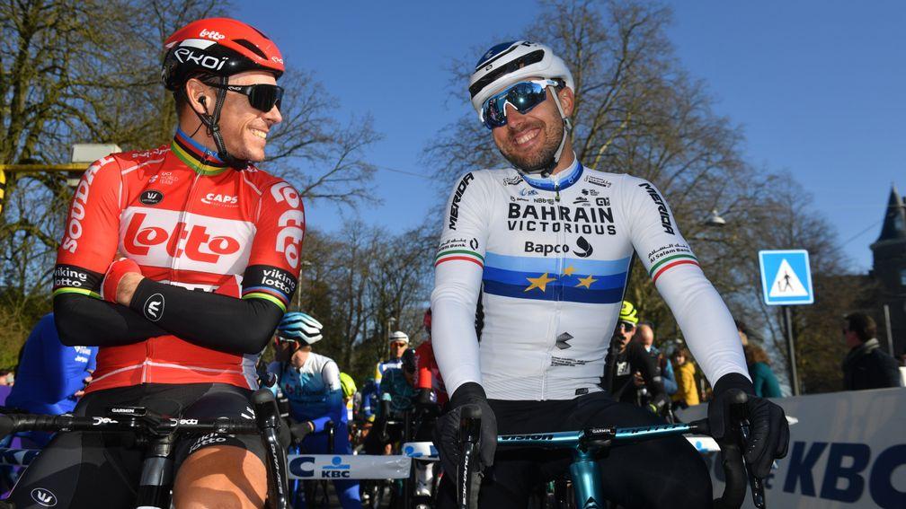 Sonny Colbrelli (right) chats to Philippe Gilbert