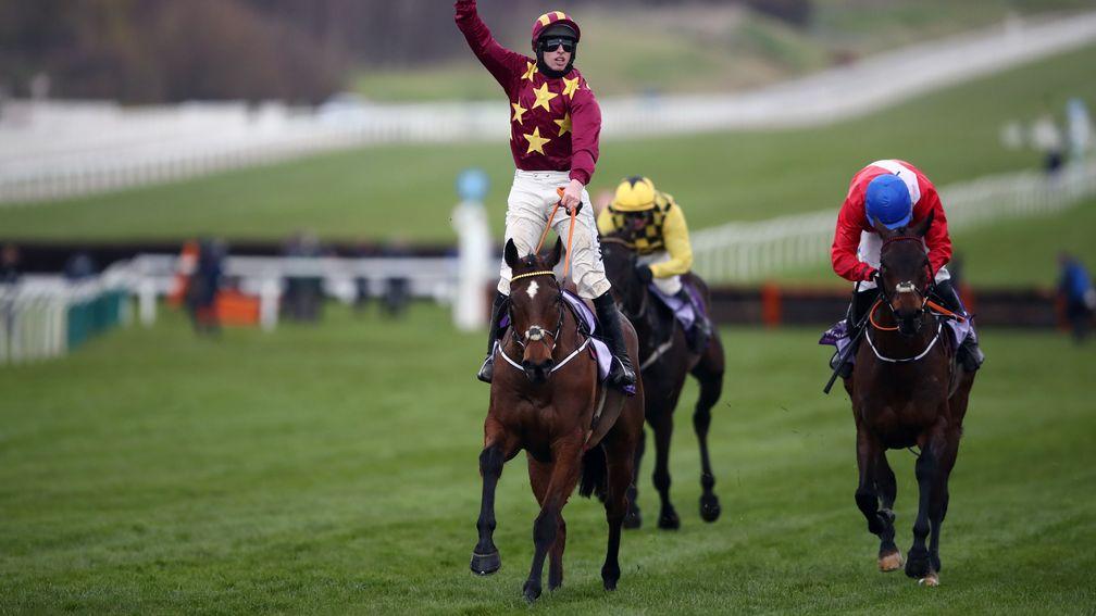 CHELTENHAM, ENGLAND - MARCH 19: Minella Indo ridden by Jack Kennedy celebrates after winning the WellChild Cheltenham Gold Cup Chase on day four of the Cheltenham Festival at Cheltenham Racecourse on March 19, 2021 in Cheltenham, England. Sporting venues