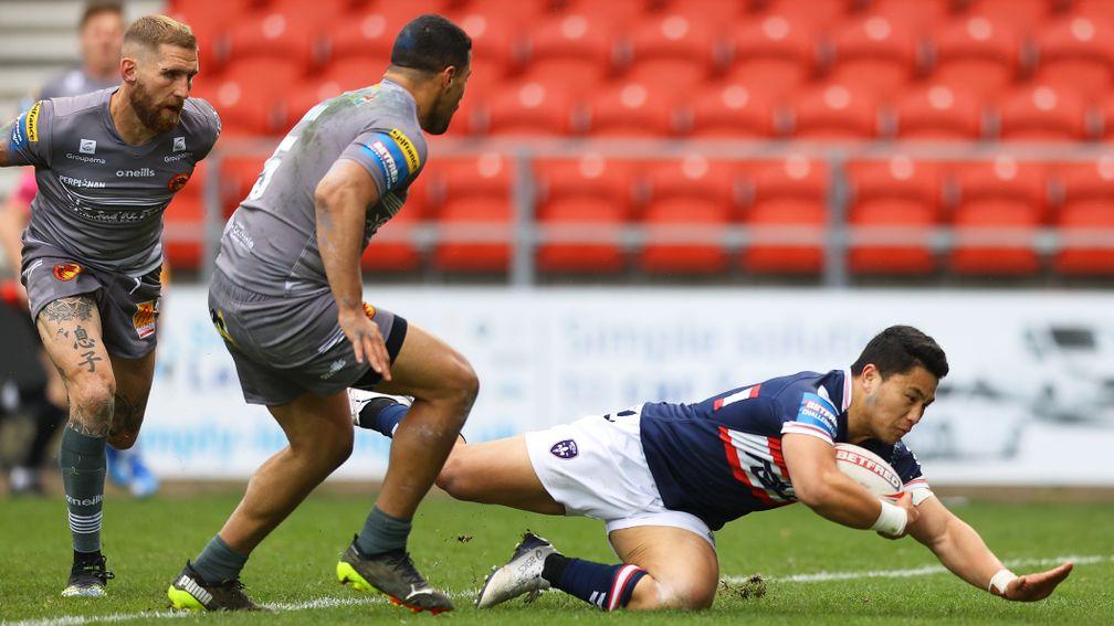 Wakefield's Mason Lino scores a try against Catalans in the Challenge Cup