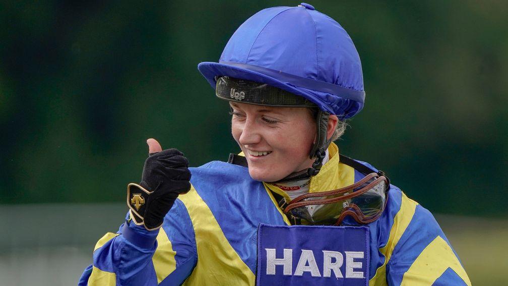 CHICHESTER, ENGLAND - JULY 27: A delighted Hollie Doyle after riding Trueshan to win The Al Shaqab Goodwood Cup Stakes during the Qatar Goodwood Festival at Goodwood Racecourse on July 27, 2021 in Chichester, England. (Photo by Alan Crowhurst/Getty Images