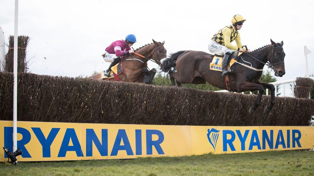 Al Boum Photo: jumping a fence on the first circuit before winning the Ryanair Gold Cup Novice Chase at Fairyhouse