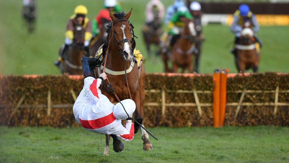 Jamie Moore was agonisingly unseated from Goshen when clear at the final flight in the Triumph Hurdle at the Cheltenham Festival