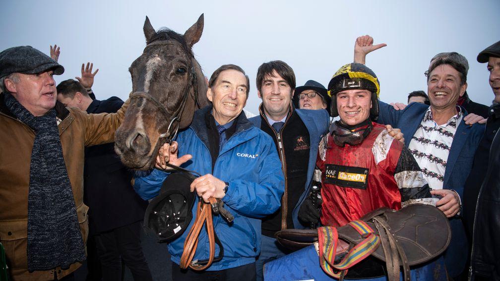 Connections celebrate Potters Corner's victory in the Welsh Grand National, a success that left Ten To Follow monthly prize winner jumping for joy too