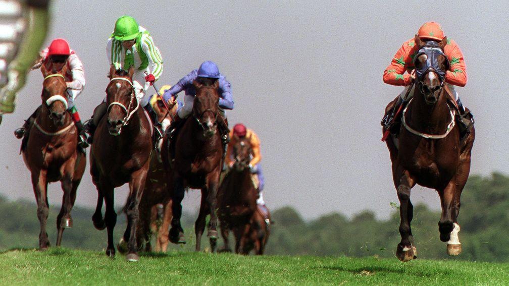 Fruits Of Love (right): winning the Hardwicke Stakes for the first time in 1999 from Royal Anthem (green stripes)
