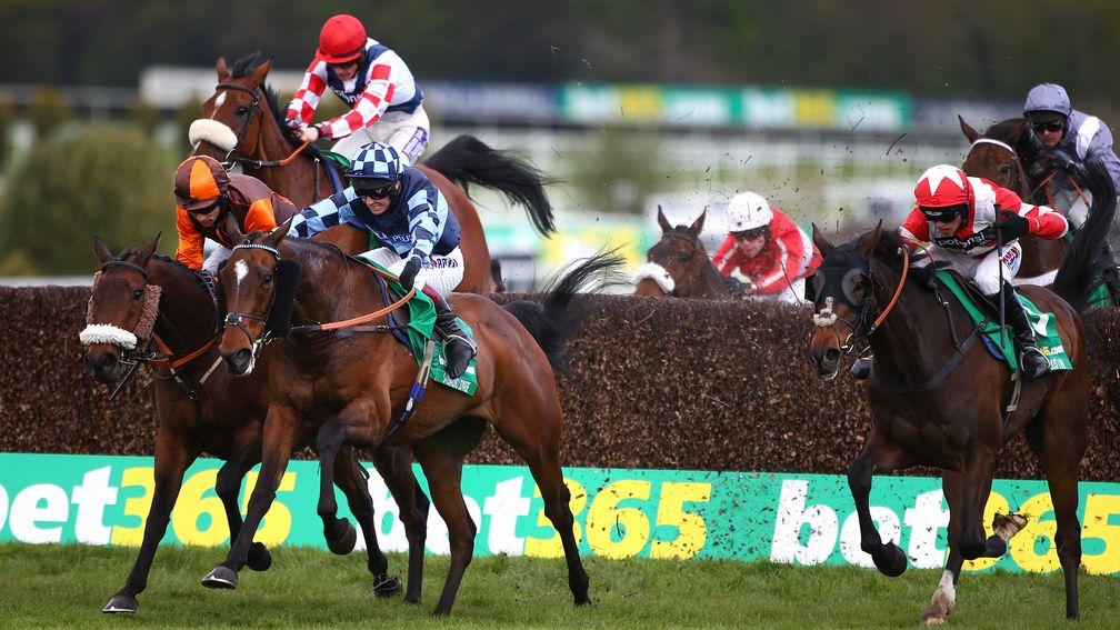 Just A Par (right) and Southfield Theatre (left) finish second and fourth to The Young Master (orange cap) in the 2016 bet365 Gold Cup to hand Paul Nicholls the trainers' championship