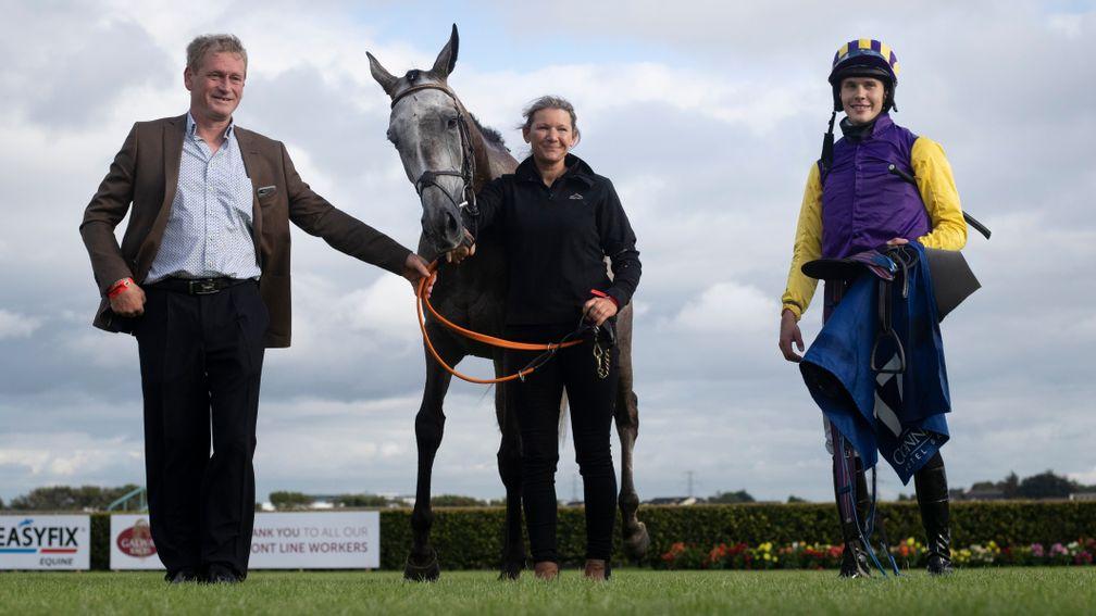 Tony Mullins (left) with Princess Zoe, jockey Finny Maguire and groom Jackie Carter after the Connacht Hotel QR Premier Handicap at Galway in July
