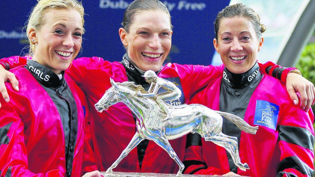 Hayley Turner (right) celebrates last year's Shergar Cup victory with Sammy Jo Bell (left) and Emma-Jayne Wilson