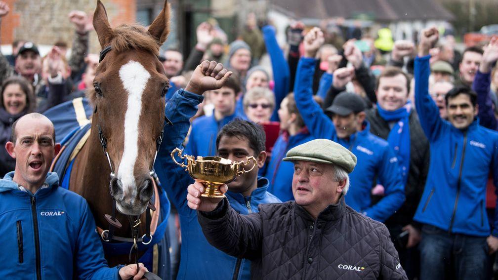 Cheltenham Gold Cup winner Native River and Colin Tizzard celebrate their victory amongst stable staff and well wishers outside the Virginia Ash pub in Henstridge Ash, Somerset 17.3.18 Pic: Edward Whitaker