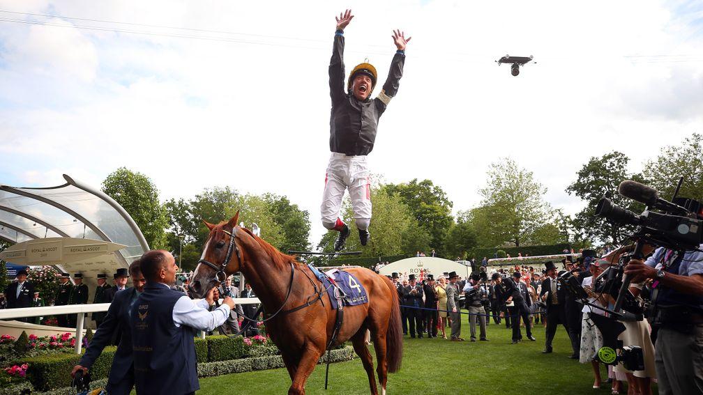 Frankie Dettori celebrates after second Gold Cup win on Stradivarius