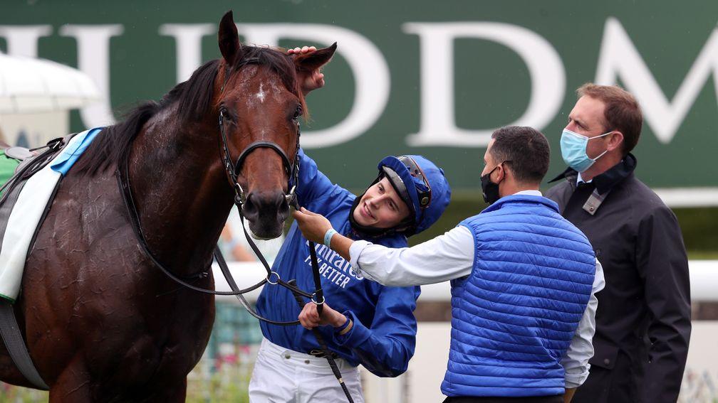 YORK, ENGLAND - AUGUST 19: Jockey William Buick celebrates after winning the Juddmonte International Stakes (British Champions Series) on Ghaiyyath during day one of the Yorkshire Ebor Festival at York Racecourse on August 19, 2020 in York, England. (Phot