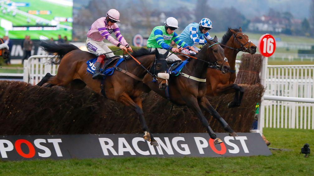 Ballyalton (centre) leads over the final fence before winning the Close Brothers Novices' Handicap Chase at the 2016 Cheltenham Festival