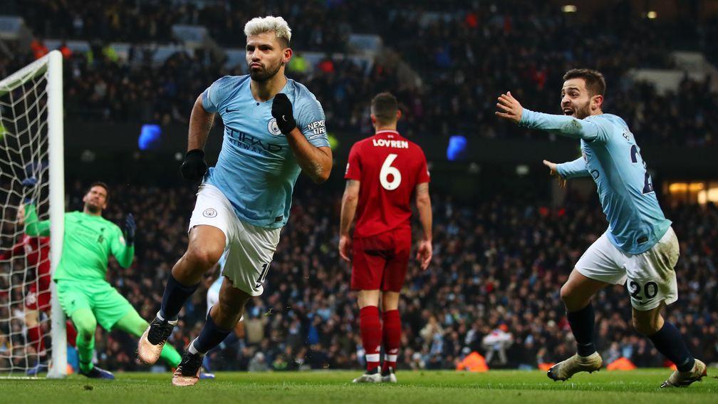 Sergio Aguero celebrates after giving Manchester City the lead against Liverpool