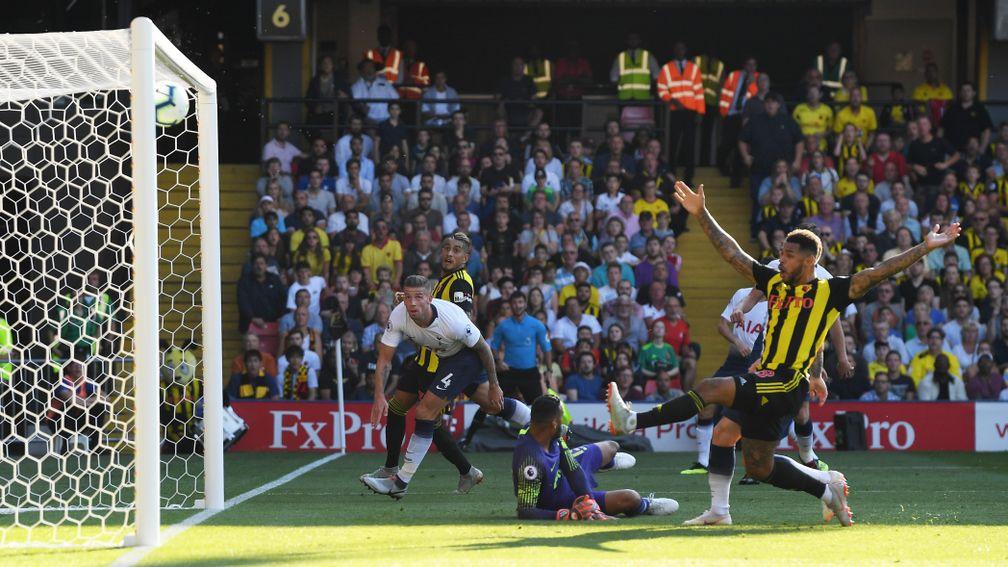 Toby Alderweireld of Tottenham watches as he deflects a cross onto the post during the Premier League match against Watford