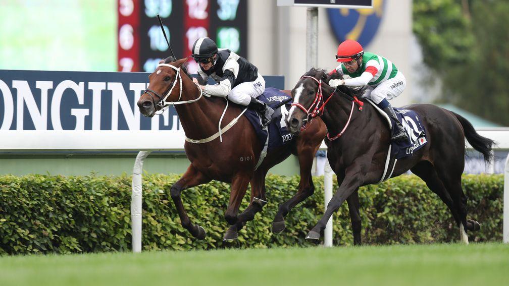 Zac Purton wins the Hong Kong Vase on Exultant (right), but like William Buick, he was also suspended for his actions during the race