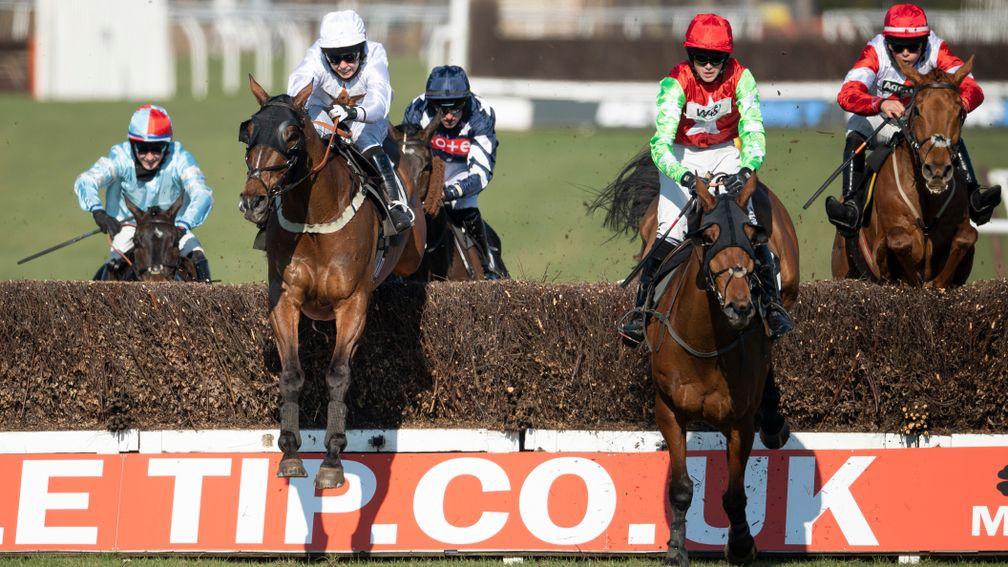 Dylanseoghan (Page Fuller,2nd left) jumps the last fence and beats What A Moment (Fergus Gillard,2nd right) in the 3m 2f conditional jockeys handicap chasePlumpton 1.3.21 Pic ; Edward Whitaker/ Racing Post
