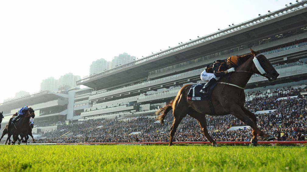 Joao Moreira pictured riding Hong Kong superstar Able Friend to victory in the Hong Kong Mile in 2014