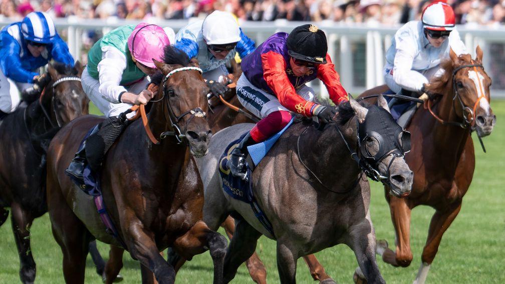 Thesis and Ryan Moore get the better of the Frankie Dettori-ridden Saga (right) in the Britannia Stakes