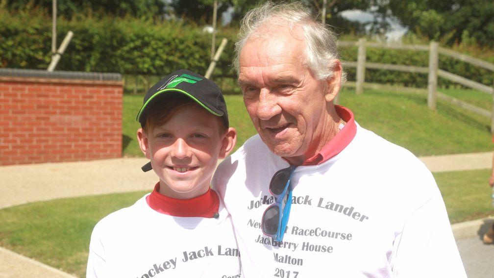 Jack Lander with Jack Berry after he had completed his 172-mile walk from Newmarket's Rowley Mile course to Jack Berry House in Malton