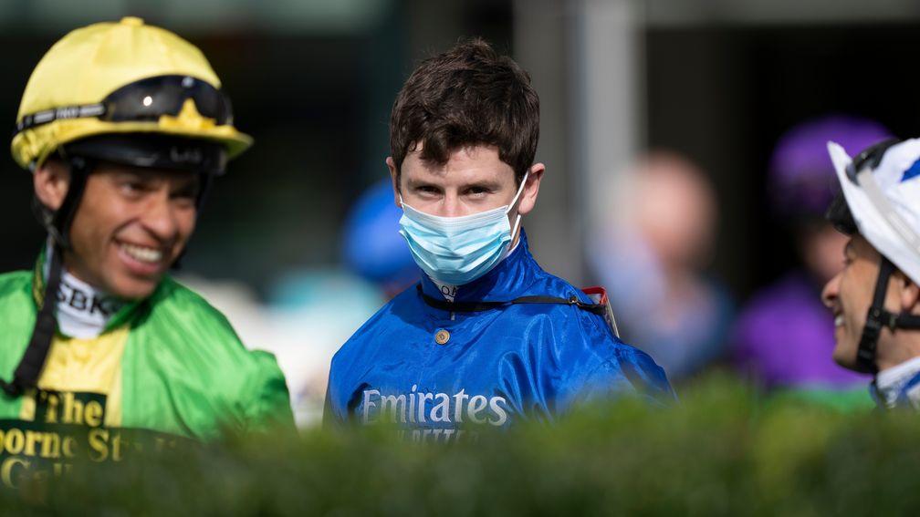 Oisin Murphy covers his swollen lip after the Salisbury paddock incidentAscot 1.10.21 Pic: Edward Whitaker