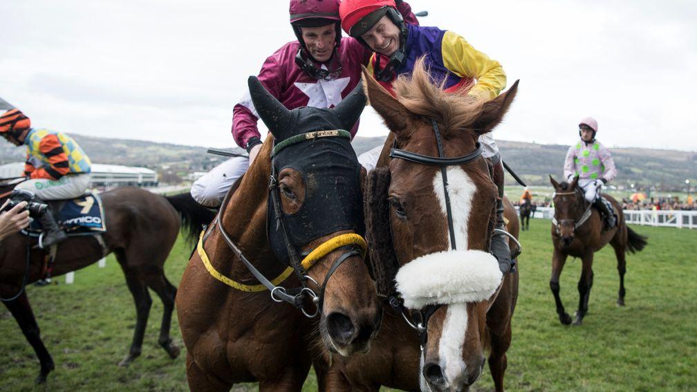 Sean Flanagan, riding Road To Respect, congratulates Richard Johnson on his Gold Cup victory with Native River