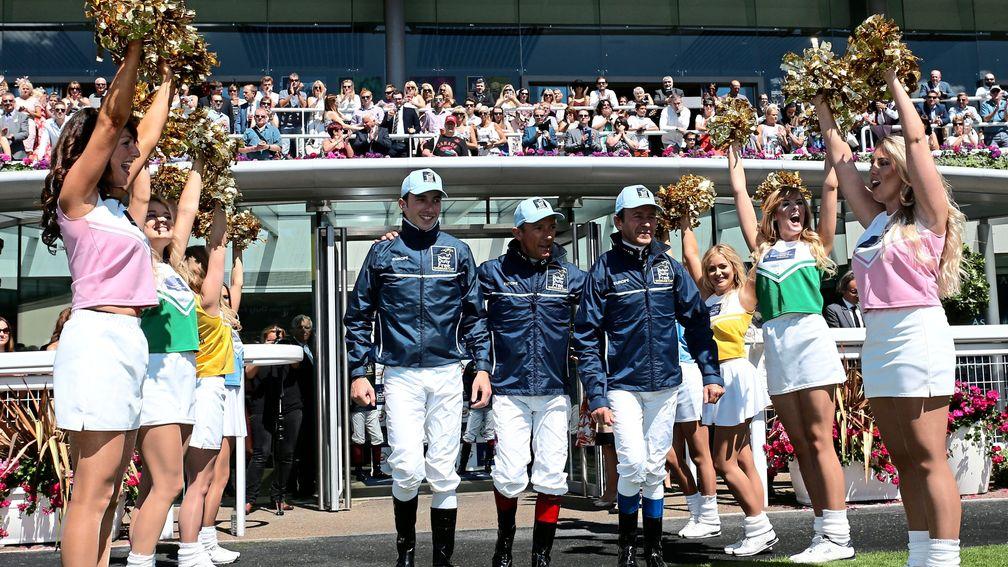 ASCOT, ENGLAND - AUGUST 06: (L-R) Pierre-Charles Boudot, Frankie Dettori and Thierry Jarnet, representing Europe, take part in The Shergar Cup opening ceremony at Ascot Racecourse on August 6, 2016 in Ascot, England. (Photo by Julian Herbert/Getty Images)