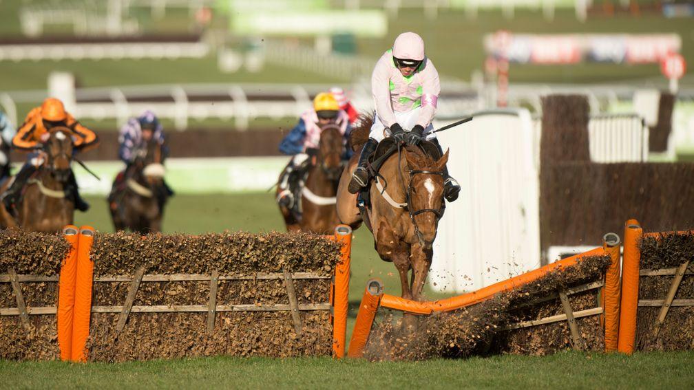 Annie Power steps at the last and exits the 2015 Mares' Hurdle at Cheltenham