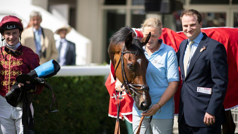 James Ferguson poses with his first Group winner Mise En Scene after the Prestige StakesGoodwood 28.8.21 Pic: Edward Whitaker