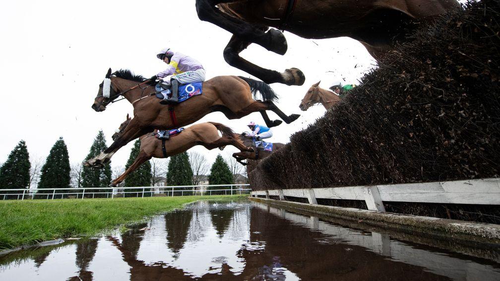 Takingrisks jumps the water on the way to victory in the Sky Bet Chase