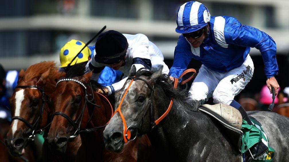 Yafta (nearside) toughs it out to win the Group 3 Hackwood Stakes at Newbury for Richard Hannon