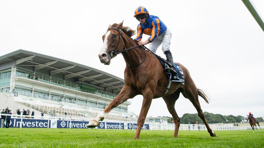 Too easy: Ryan Moore is allowed to coast home in the Investec Oaks as Love crosses the line clear