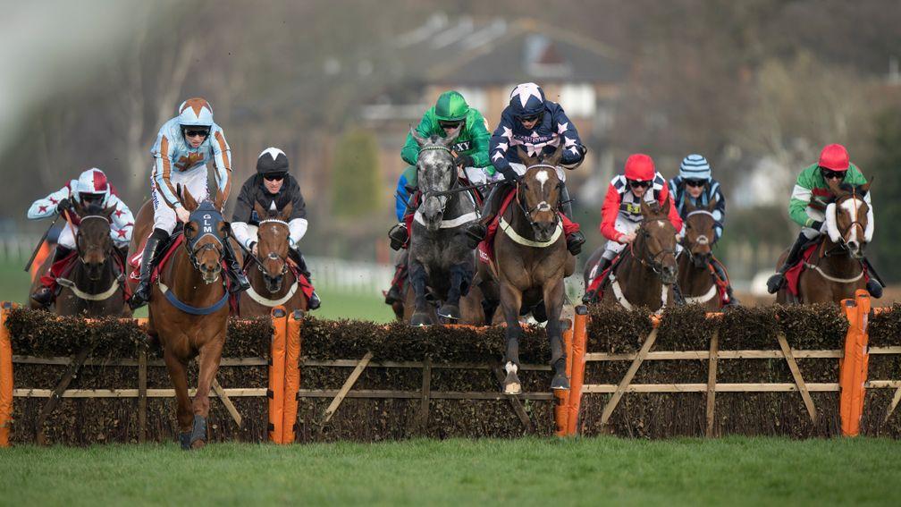 London Prize (centre) jumps the final flight and wins the Imperial Cup at Sandown