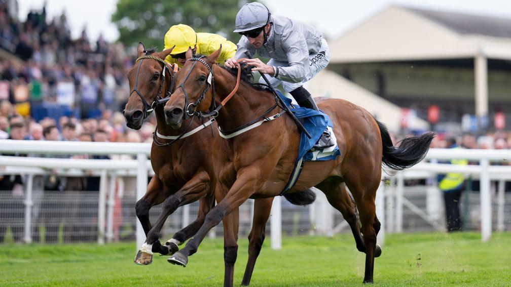 Pillow Talk (Daniel Tudhope, right) beats Yahsat (Clifford Lee) in the Marygate StakesYork 13.5.22 Pic: Edward Whitaker