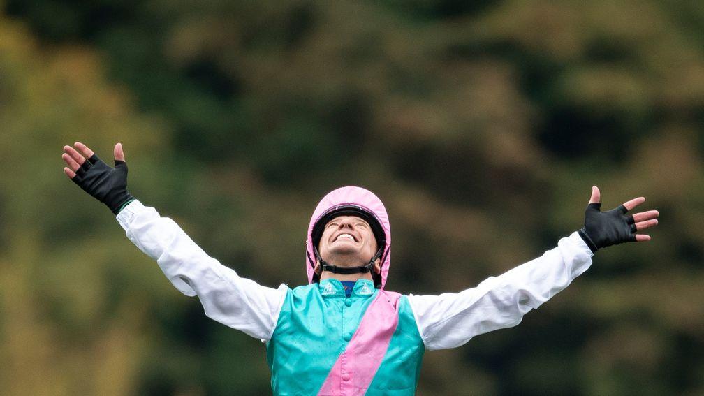 Frankie Dettori celebrates after Enable's second Arc victory