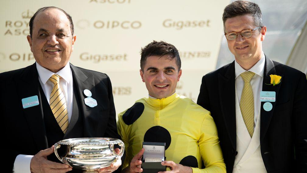 Sheikh Mohammed Obaid Al Maktoum, Andrea Atzeni and Roger Varian after Cape Byron's victory in the 2019 Wokingham at Ascot