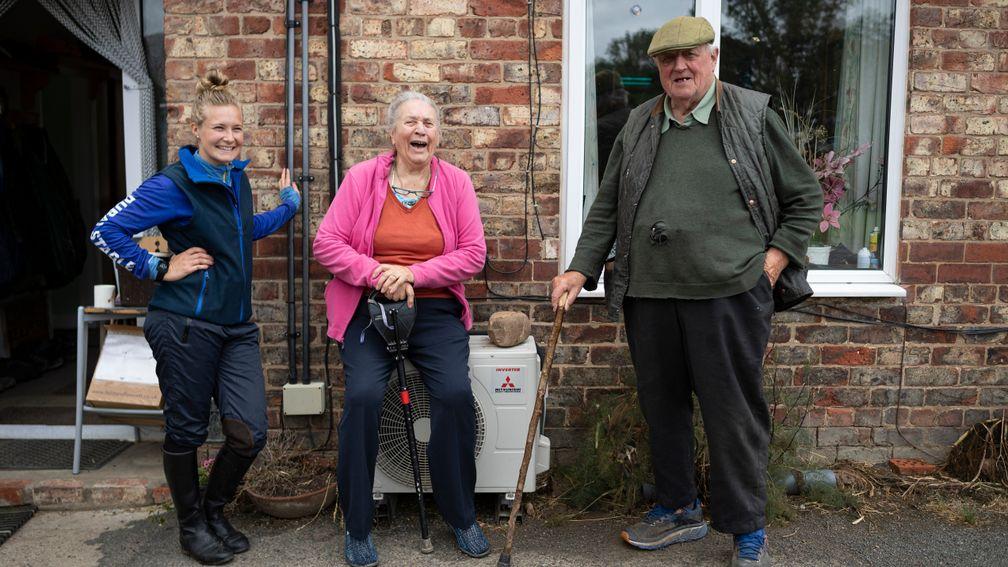 Legendary racehorse trainer Mick Easterby with his wife Alice and grand daughter Joanna Mason outside his farmhouse at New House Farm in Sheriff Hutton near York Pic: Edward Whitaker 30.6.20