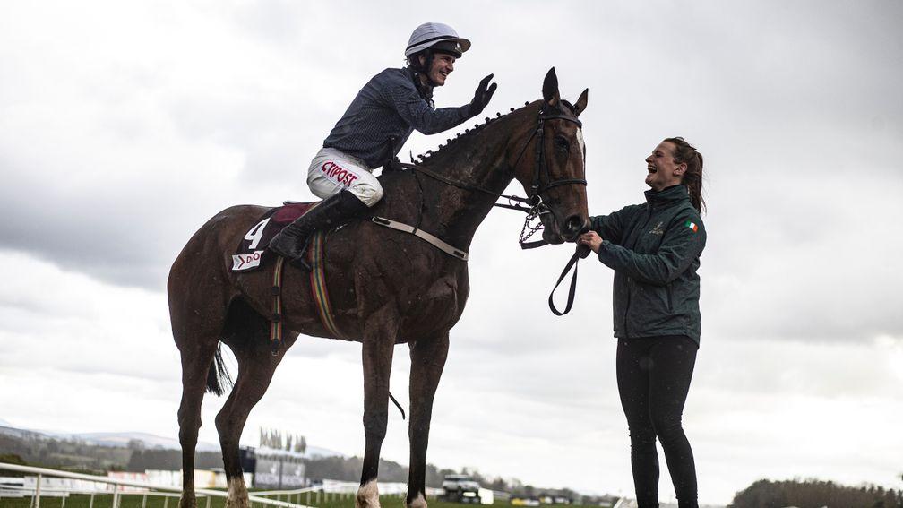 Colreevy receives her congratulations from Danny Mullins after winning at Punchestown