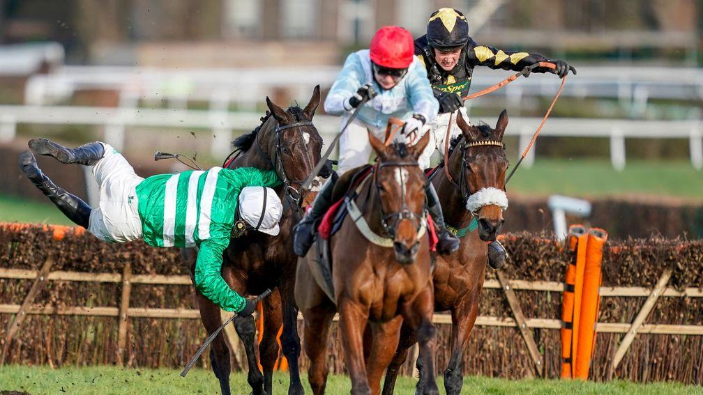 ESHER, ENGLAND - FEBRUARY 18: Jonjo O'Neill Jr. is unseated from Uptown Lady at the last hurdle when challenging at Sandown Park Racecourse on February 18, 2021 in Esher, England. Due to the coronavirus pandemic, owners along with the paying public will n