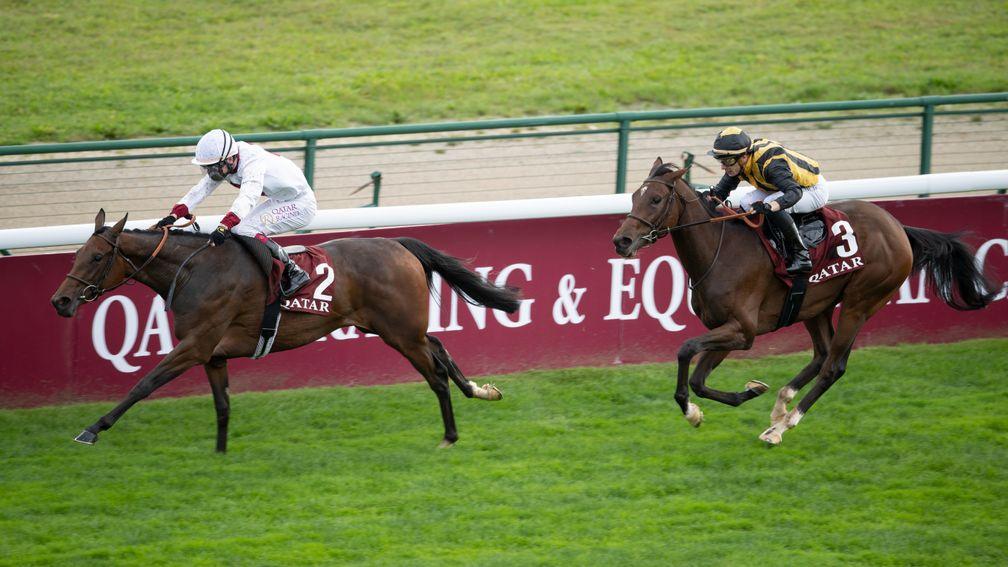 Zellie (Oisin Murphy, left) accelerated clear of Times Square in the Prix Marcel Boussac