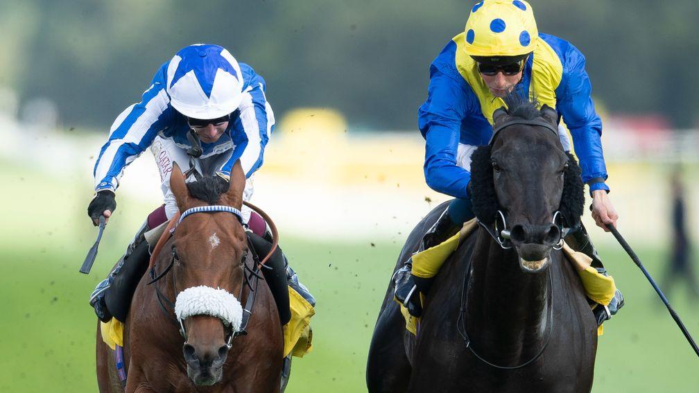 William Buick and Solid Stone beats championship rival Oisin Murphy and Foxes Tales in the 1m 3f Group 3 StakesNewbury 18.9.21 Pic: Edward Whitaker