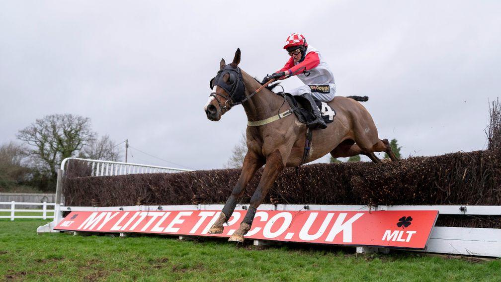 Go Whatever (Tom Cannon) jumps the last fence in the Sussex NationalPlumpton 2.1.22 Pic: Edward Whitaker